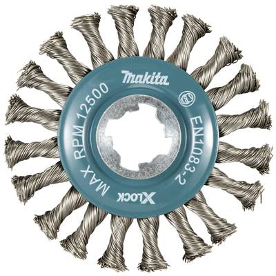 Een stalen borstel met de opdruk 'Makita', 'Max RPM 12500', gebruikt voor het reinigen en opruwen van oppervlakken.