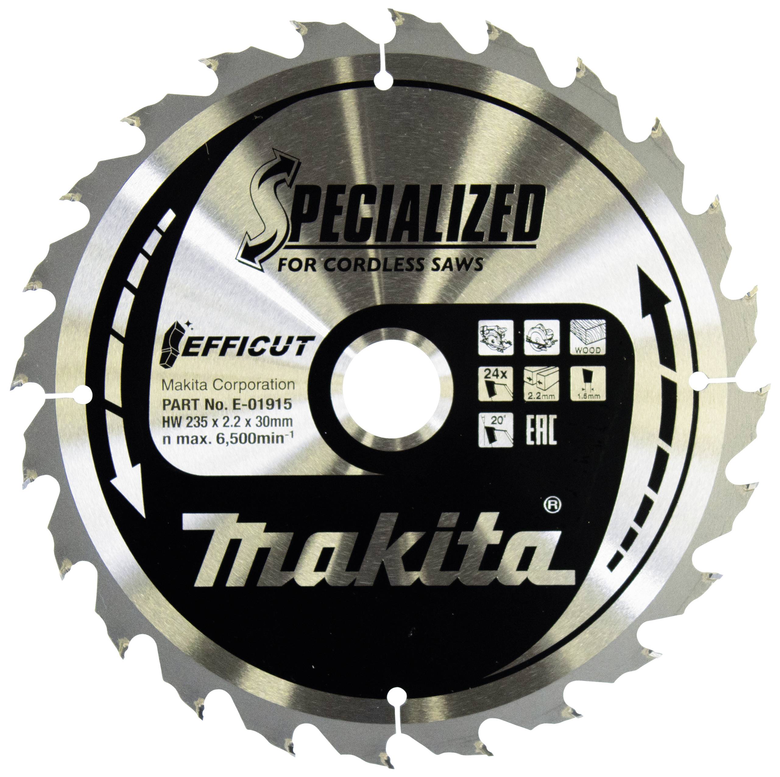 Makita cirkelzaagblad, specifiek voor accuslijpmachines, 24 tanden, diameter 235 mm, maximale zaagdiepte: 65 mm.