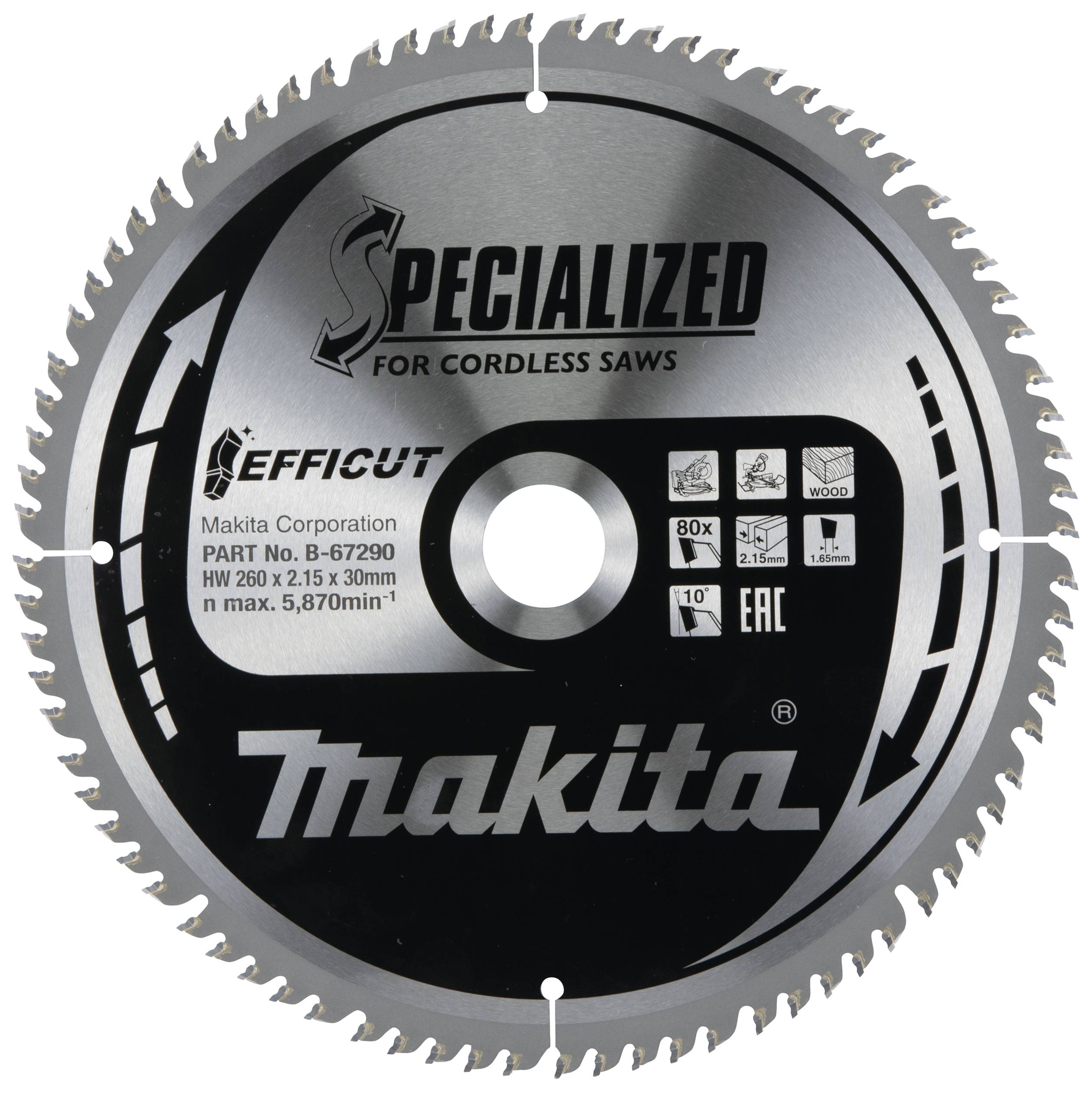 'Zaagblad voor draadloze zagen, Specialized Makita. Diameter 185 mm, 40 tanden, geschikt voor hout, Artikelnummer B-07290.'
