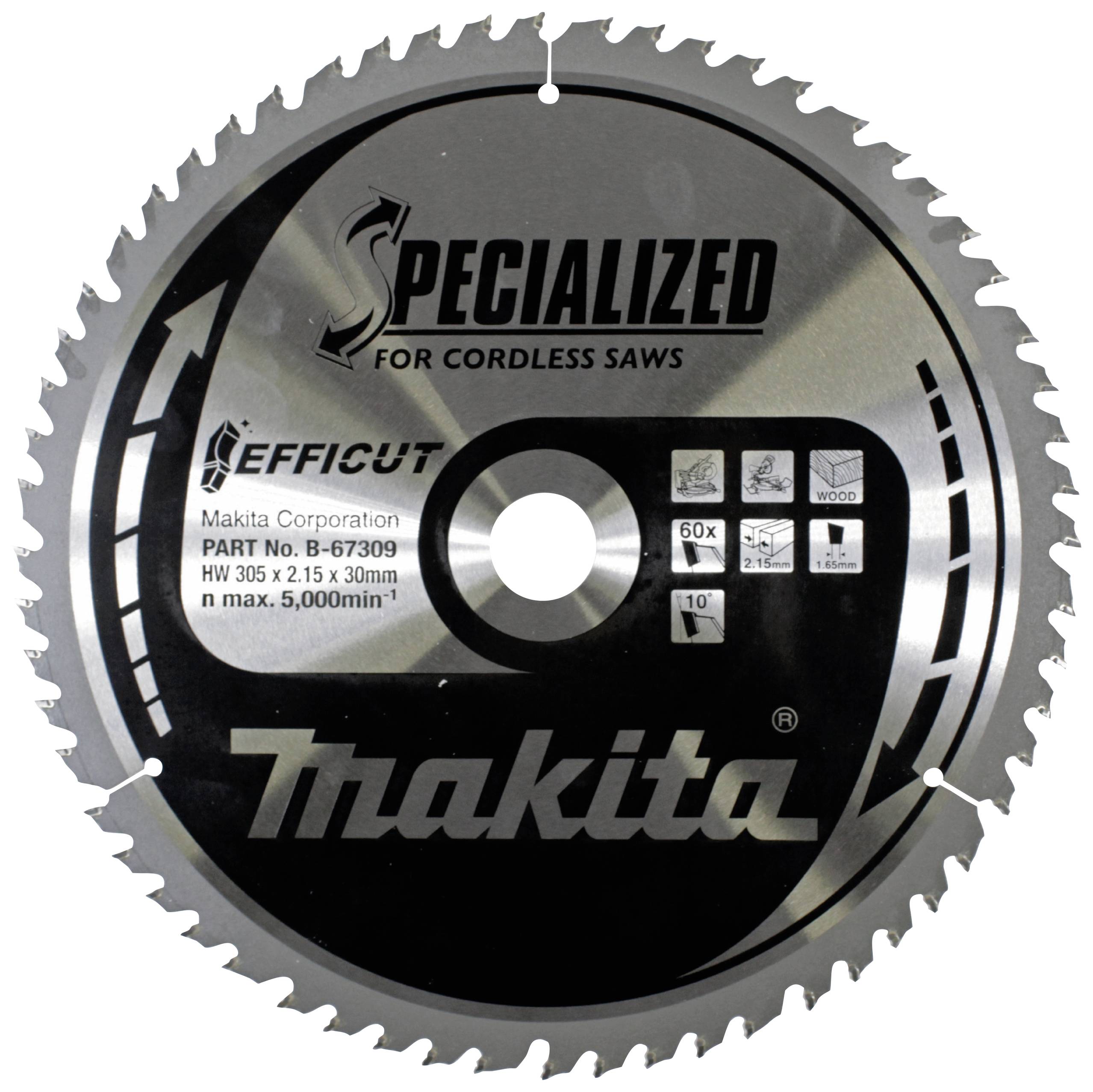 Cirkelzaagblad van Makita, geschikt voor draadloze zagen. Beschrijvingen: 'SPECIALIZED', 'EFFICIUT', Grootte: 305x2.15x30mm, max. 5000 rpm.