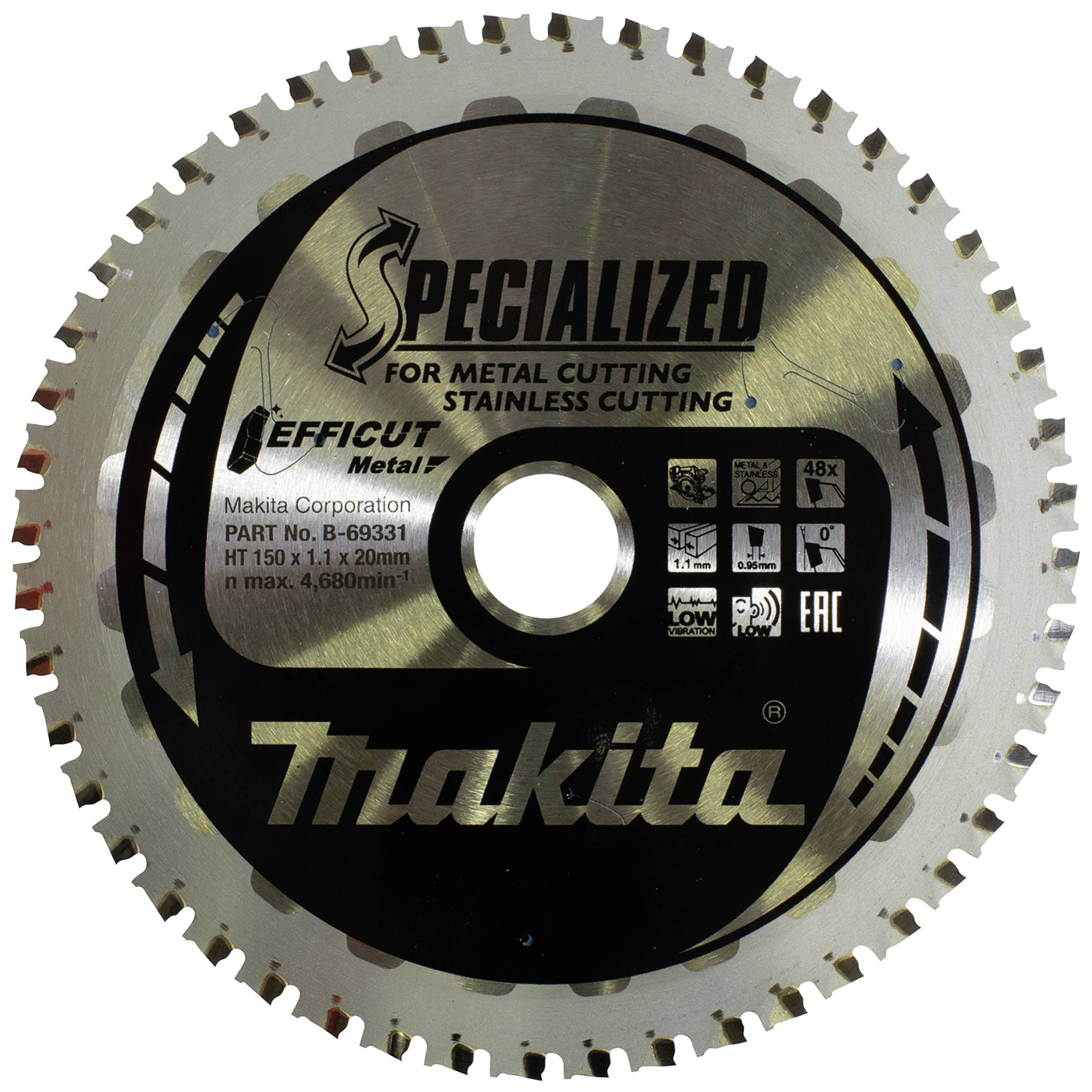 'Makita' zaagblad voor metaal- en roestvaststaalbewerking, modelnummer B-59331, diameter 150 mm, asgat 20 mm.