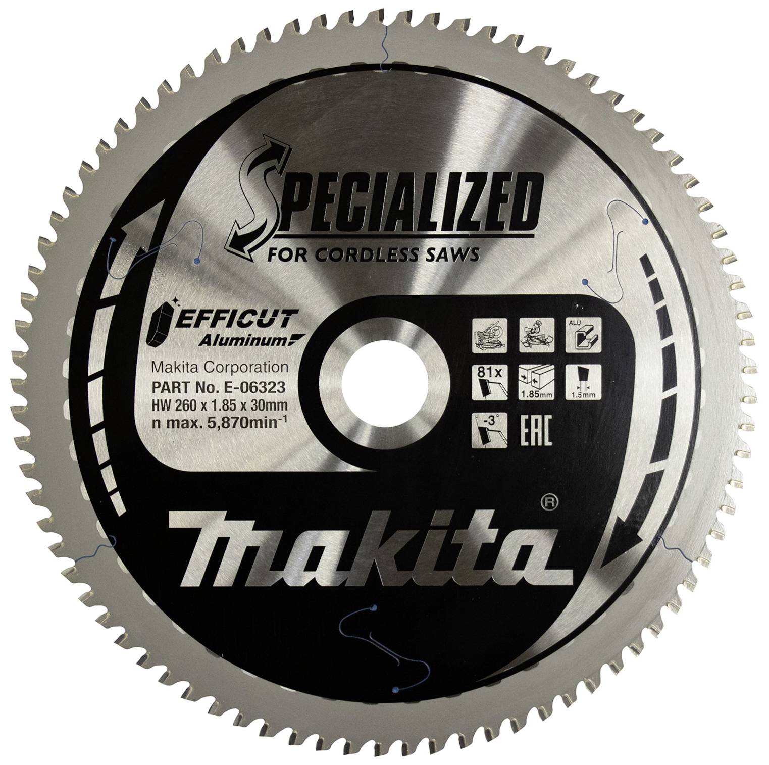 Cirkelzaagblad met opdruk 'Makita Specialized', geschikt voor draadloze zagen. Onderdeelnummer en technische gegevens zijn vermeld.
