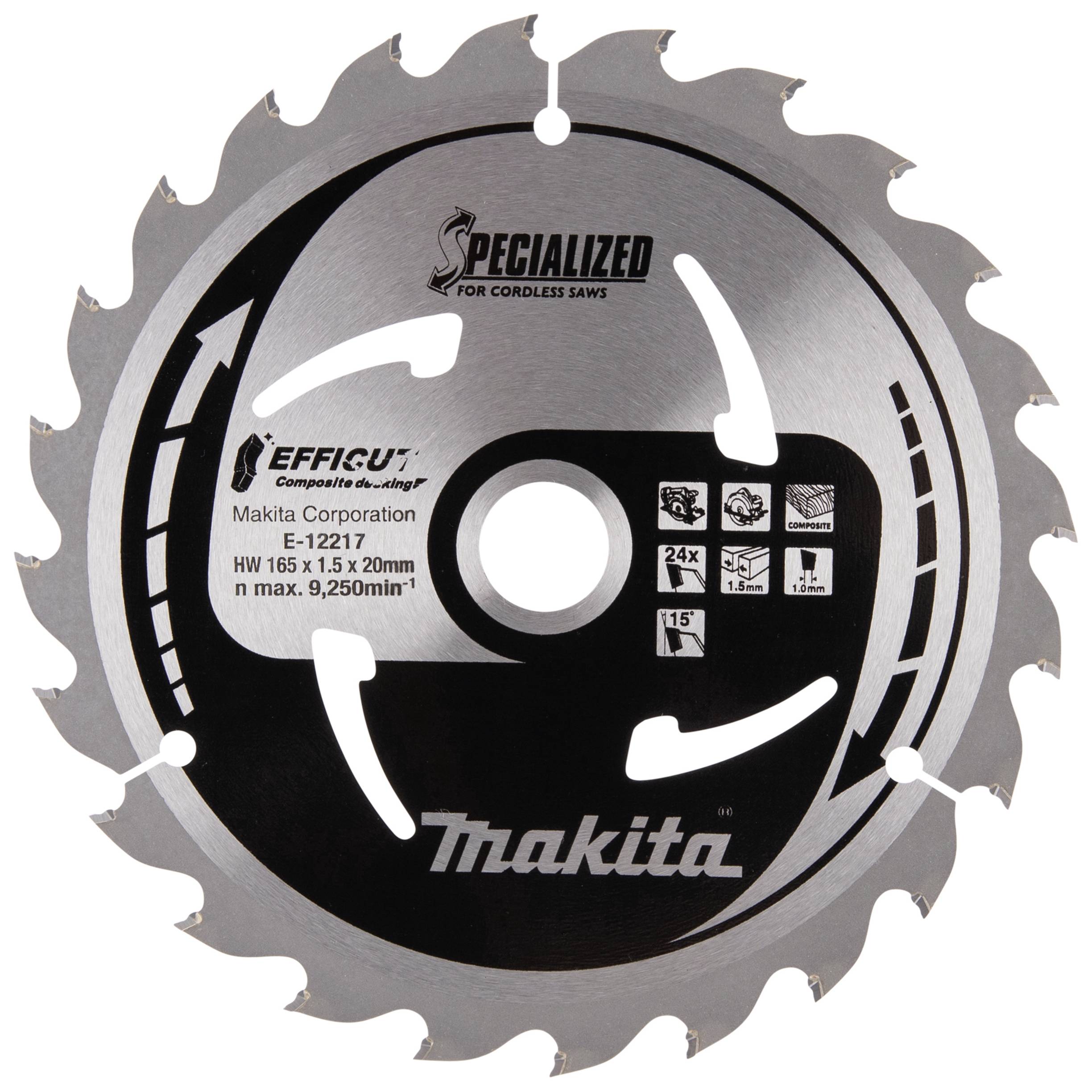 'Zaagblad voor draadloze zagen, merk Makita, 165 mm diameter. Geschikt voor hout, met speciale tandvorm voor efficiënte snedes.'