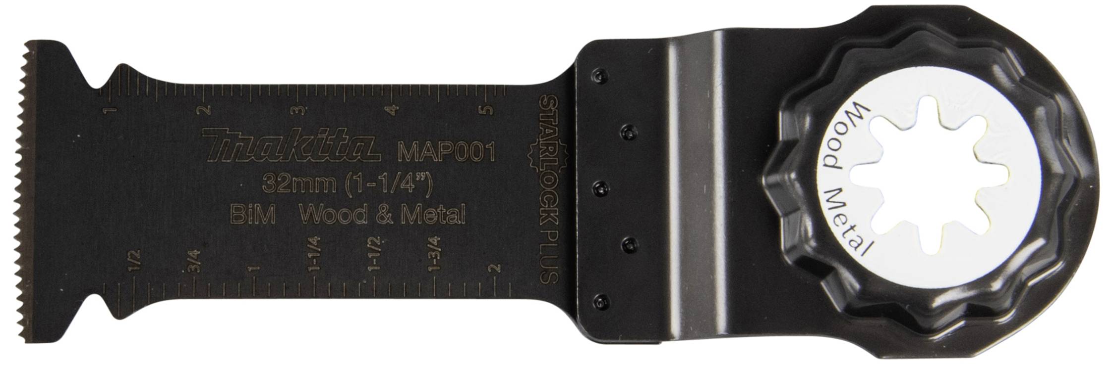 Multifunctioneel gereedschapsblad met Starlock-systeem, geschikt voor hout en metaal, lengte 82 mm, op zwarte achtergrond.