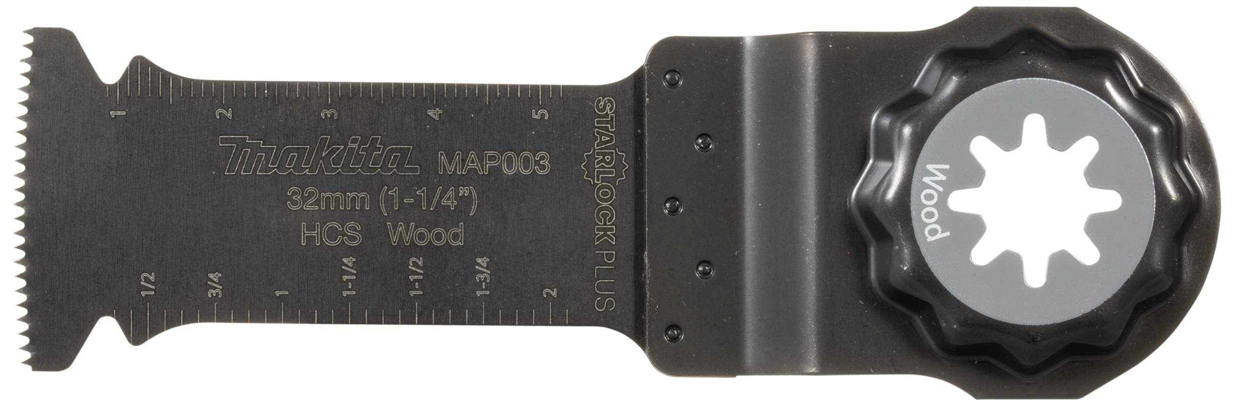 Zwart zaagblad met getande rand, gemarkeerd met '32mm (1-1/4") HCS Wood'. Opschrift 'Makita BAP003' aan de zijkant.