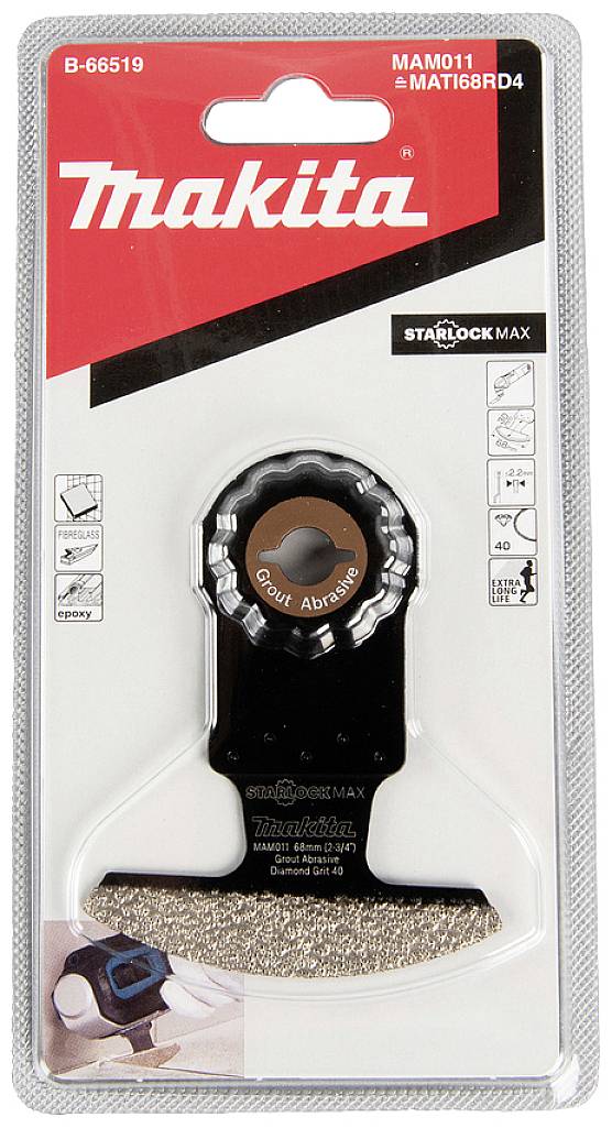 Verpakking van een Makita Starlock Max-gereedschap, model MAM011, geschikt voor MAT168RD4. Bevat toebehoren voor fijnschuurwerkzaamheden.