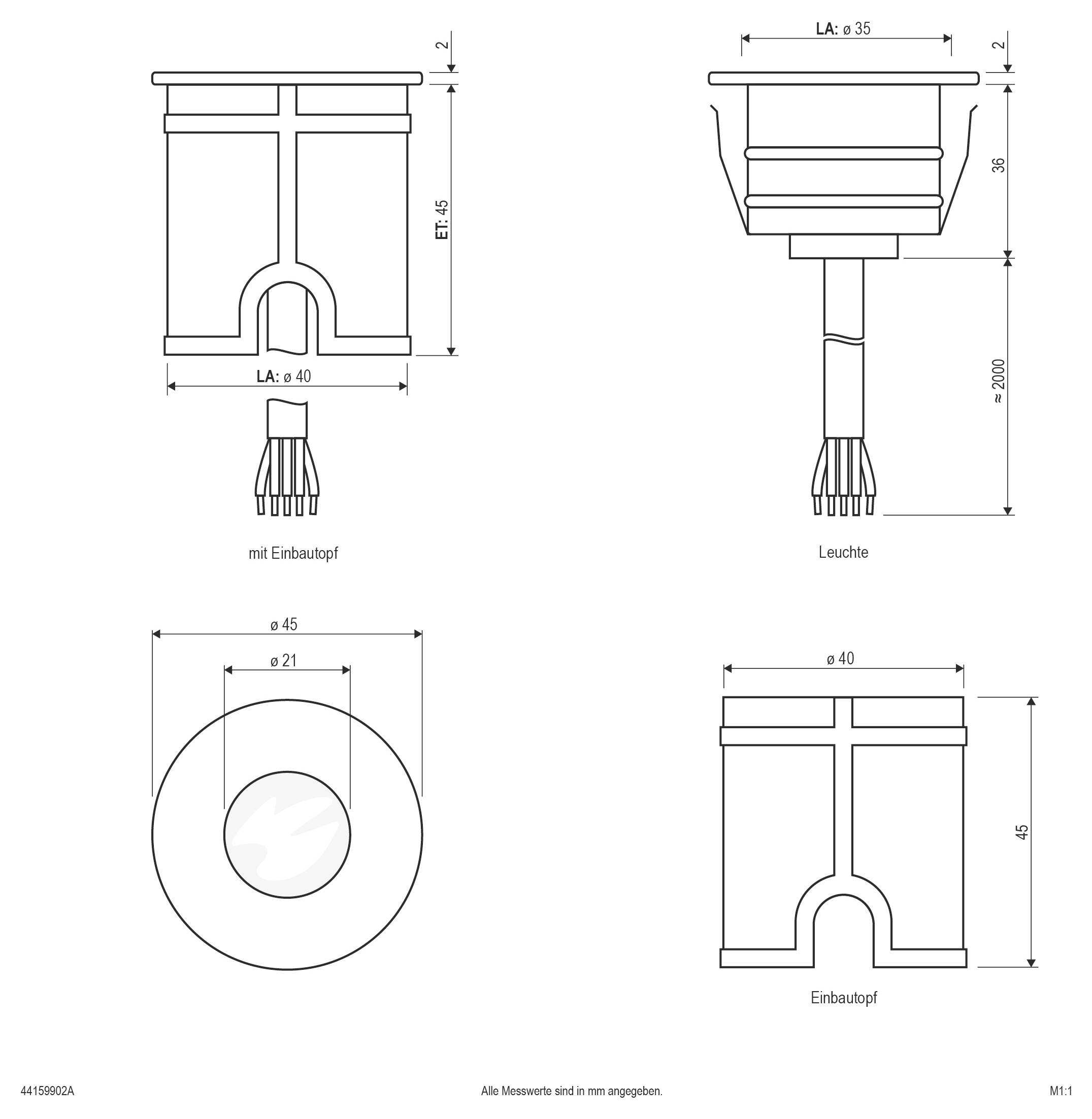 Technische dimensionaaltekeningen van een armatuur: bovenaanzicht, zijaanzicht en vooraanzicht met afmetingen voor de luminaire en de installatietuit ('Einbautopf').