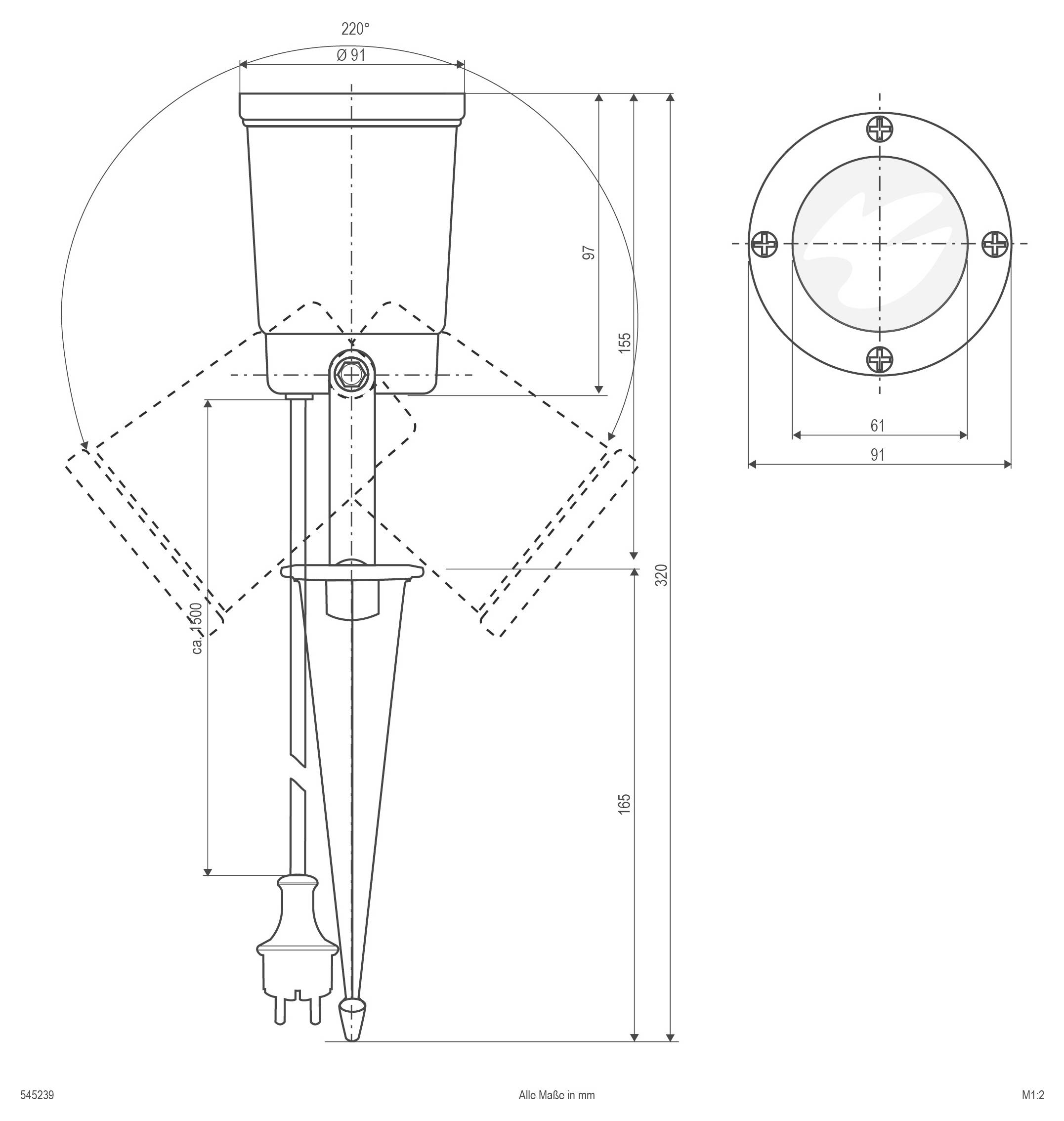 Technische dimensioentekening van een draaiende schijnwerper of armatuur, met zijde- en vooraanzicht met montagebouten cirkelpatroon, verstelbaar bereik van 220° en afmetingen in millimeters.