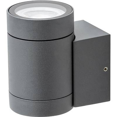 Modern donkergrijs cylindrisch wandarmatuur met een rechthoekige montagebehuizing, weergegeven op een witte achtergrond.