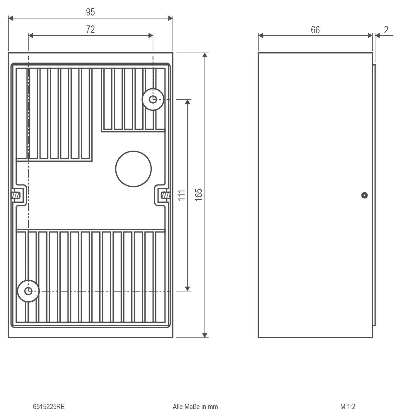 Technische tekening van een rechthoekig paneel of deur, met voor- en zijaanzichten met afmetingen in millimeters: 95 breed, 165 hoog, 66 diep.