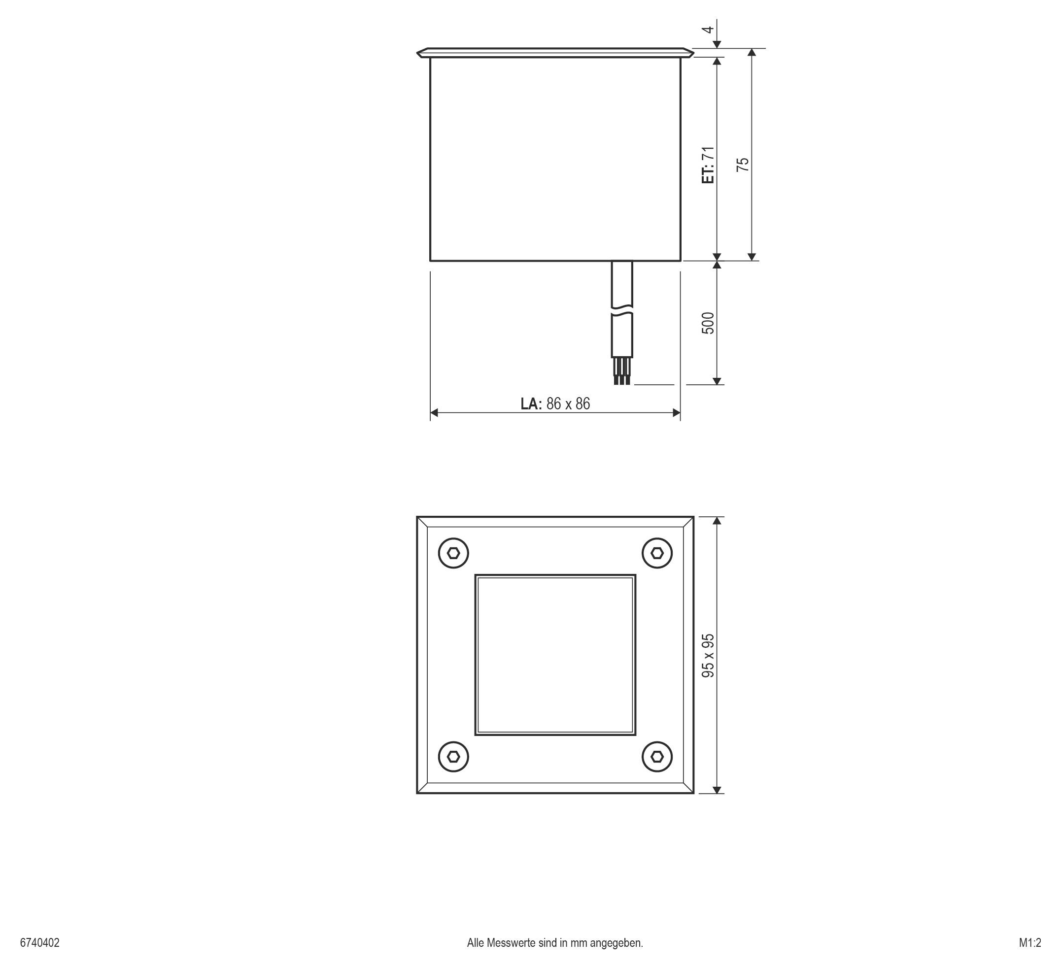 Technische tekening van een vierkante inbouwarmatuur weergegeven in zij- en bovenaanzicht, met afmetingen gelabeld 86 x 86 mm en 95 x 95 mm, en diepte 75 mm.
