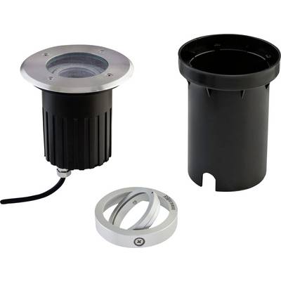LED grondlicht armatuur weergegeven met metalen rand, zwarte behuizing en kabel, plus een afzonderlijke montagemouw en afdekring op een witte achtergrond.