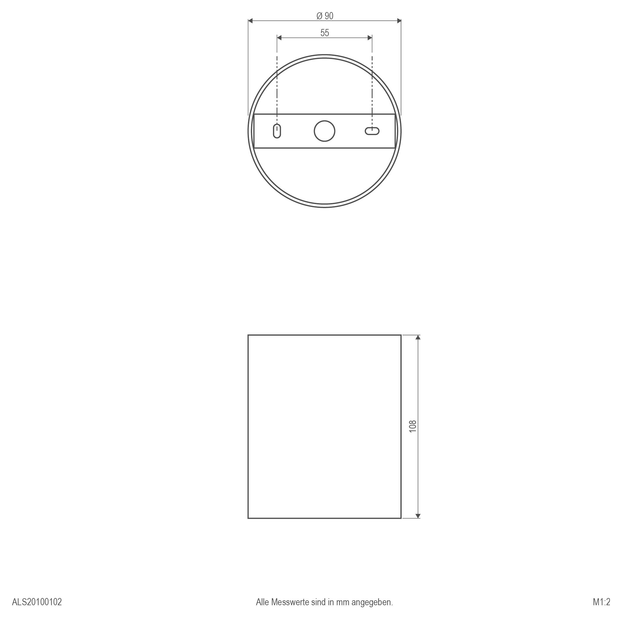 Technische tekening van een cirkelvormig onderdeel, bovenaanzicht diameter 90 mm met 55 mm afstand; vooraanzicht is een rechthoek met een hoogte van 108 mm, alle afmetingen in millimeters.