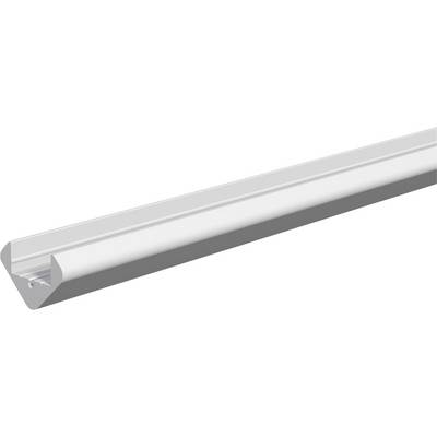 Metalen V-vormige lineaire lichtarmatuur weergegeven in perspectief op een witte achtergrond.