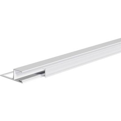 Close-up van een lineair LED-verlichtingsarmatuur met een doorschijnende diffuser en metalen kanaal, weergegeven in perspectief op een witte achtergrond.