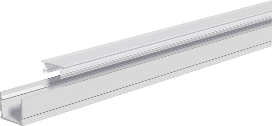 Twee zilveren aluminium kanaalrails, één boven de ander genesteld, getoond op een witte achtergrond.