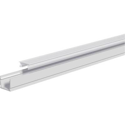 Twee zilveren aluminium kanaalrails, één boven de ander genesteld, getoond op een witte achtergrond.