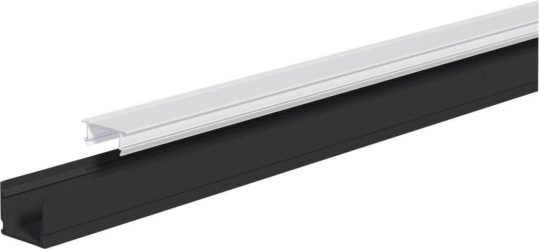 Zwart en wit aluminium U-kanaal trim/profielen weergegeven in perspectief op een witte achtergrond.