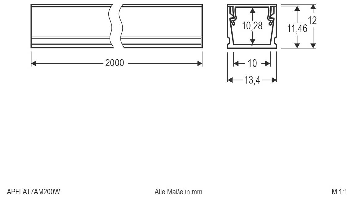 Technische dimensionale tekening van een gesplitst rechthoekig onderdeel, met een totale lengte van 2000 mm en dwarsdoorsnedafmetingen van 13,4, 10, 11,46 en 10,28 mm, gelabeld in millimeters.