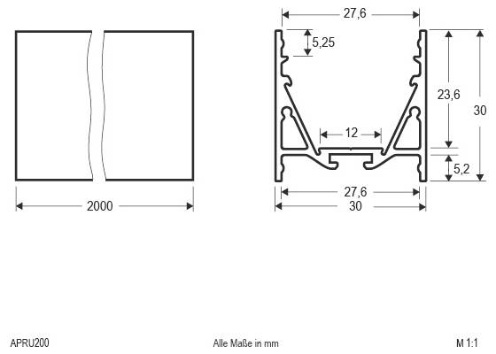 Technische tekening van een gesplitst rechthoekig profiel met het label APRU200, waarin de vooraanzicht met een breedte van 2000 mm en doorsnedafmetingen in millimeters worden weergegeven, schaal M 1:1.