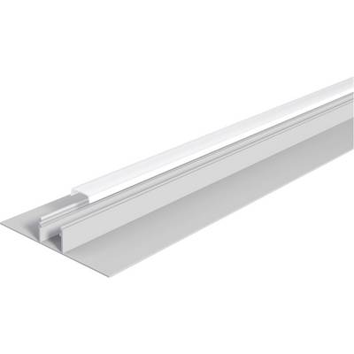 Een metalen dakrandafwerking of trimbaan met een verheven middenrichel, weergegeven in perspectief op een witte achtergrond.