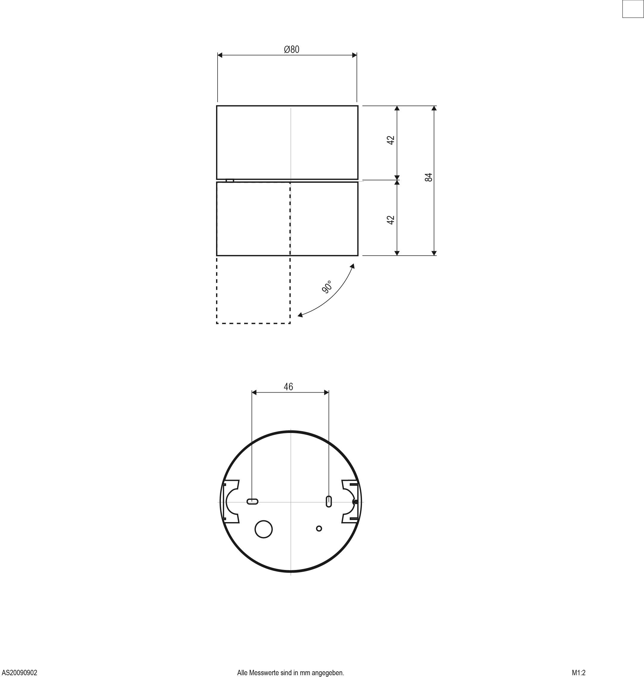 Technische tekening van een cilindrisch onderdeel. Boven detailweergave met afmetingen in mm. Onder bovenaanzicht met diameteraanduiding.