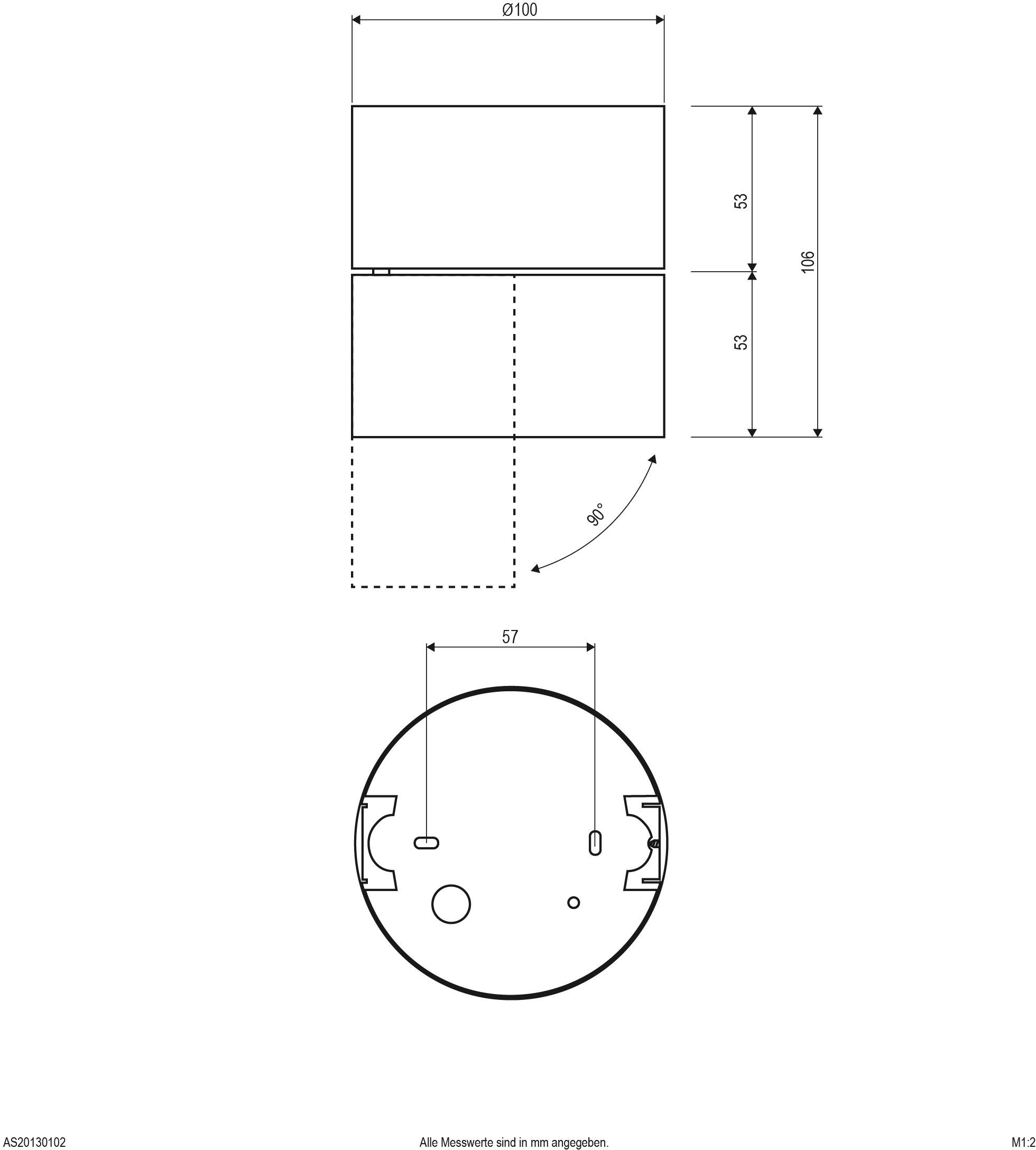 'Technische tekening van een cilinder met diameter 100 mm en hoogte 150 mm. Zijaanzicht en bovenaanzicht; alle maten in mm.'