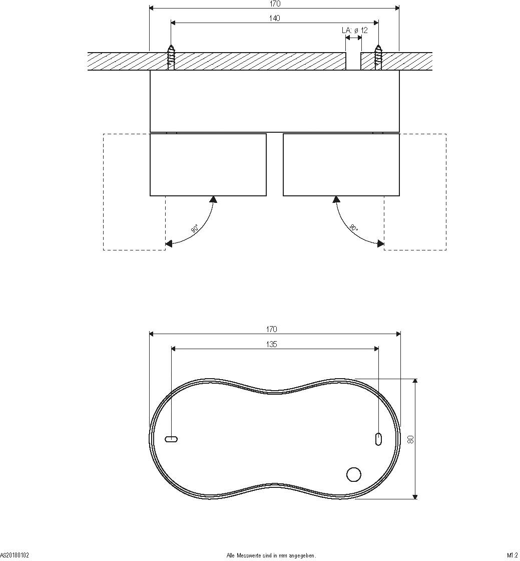 Technische tekening van een ovaal wastafel met afmetingen: 170 mm breedte, 82 mm diepte. Toont zijaanzicht en bovenaanzicht.