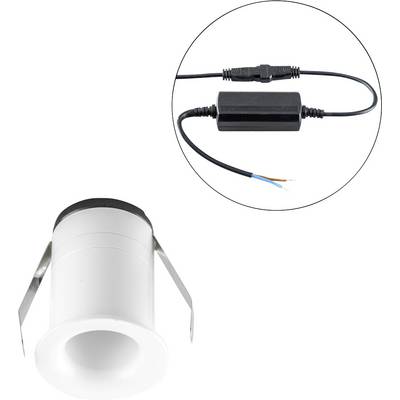 Wit ingebouwde LED-inbouwspot met aangebrachte veerclips, afgebeeld met zijn inline-driver en blootgestelde draadaansluitingen in een inzetstuk.