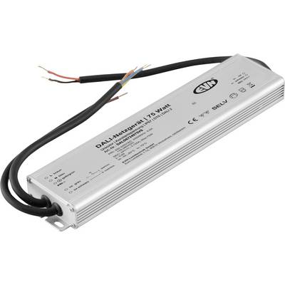 Zilverkleurig metalen LED-voeding met zwarte kabels en blootgestelde draadpunten, gelabeld als 'DALI-Netzgerät 75 Watt', weergegeven op een witte achtergrond.