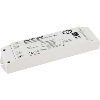 Witte LED-stuurmodule met label 'DALI-Netzgerät' met afgedrukte specificaties, ingang/uitgang pictogrammen en een klein display met twee cijfers.