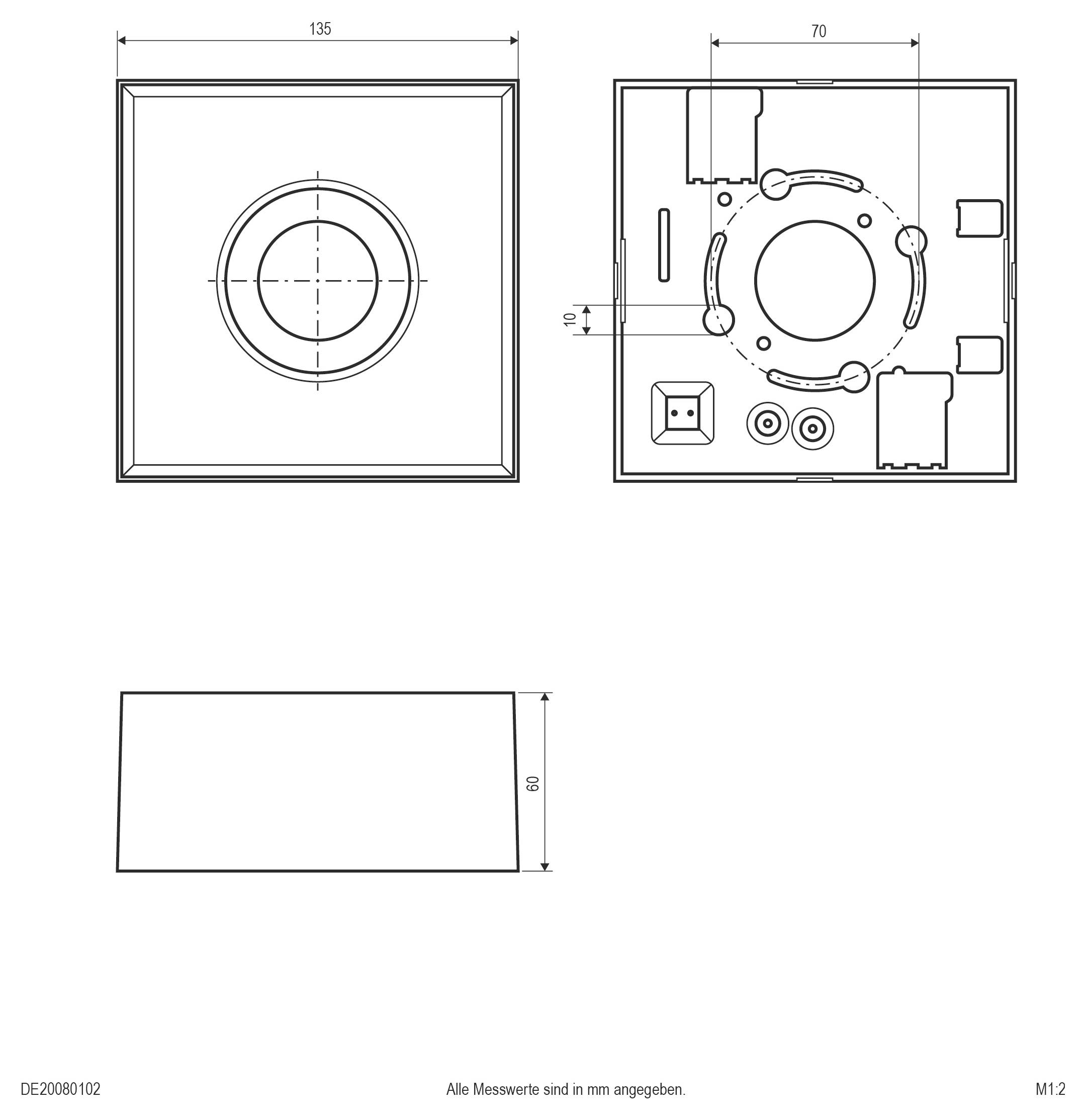 Technische tekening van een vierkant elektrisch onderdeel, met voor-, achter- en zijkanten weergegeven met afmetingen van 135 mm breed en 60 mm hoog, gelabeld M12.