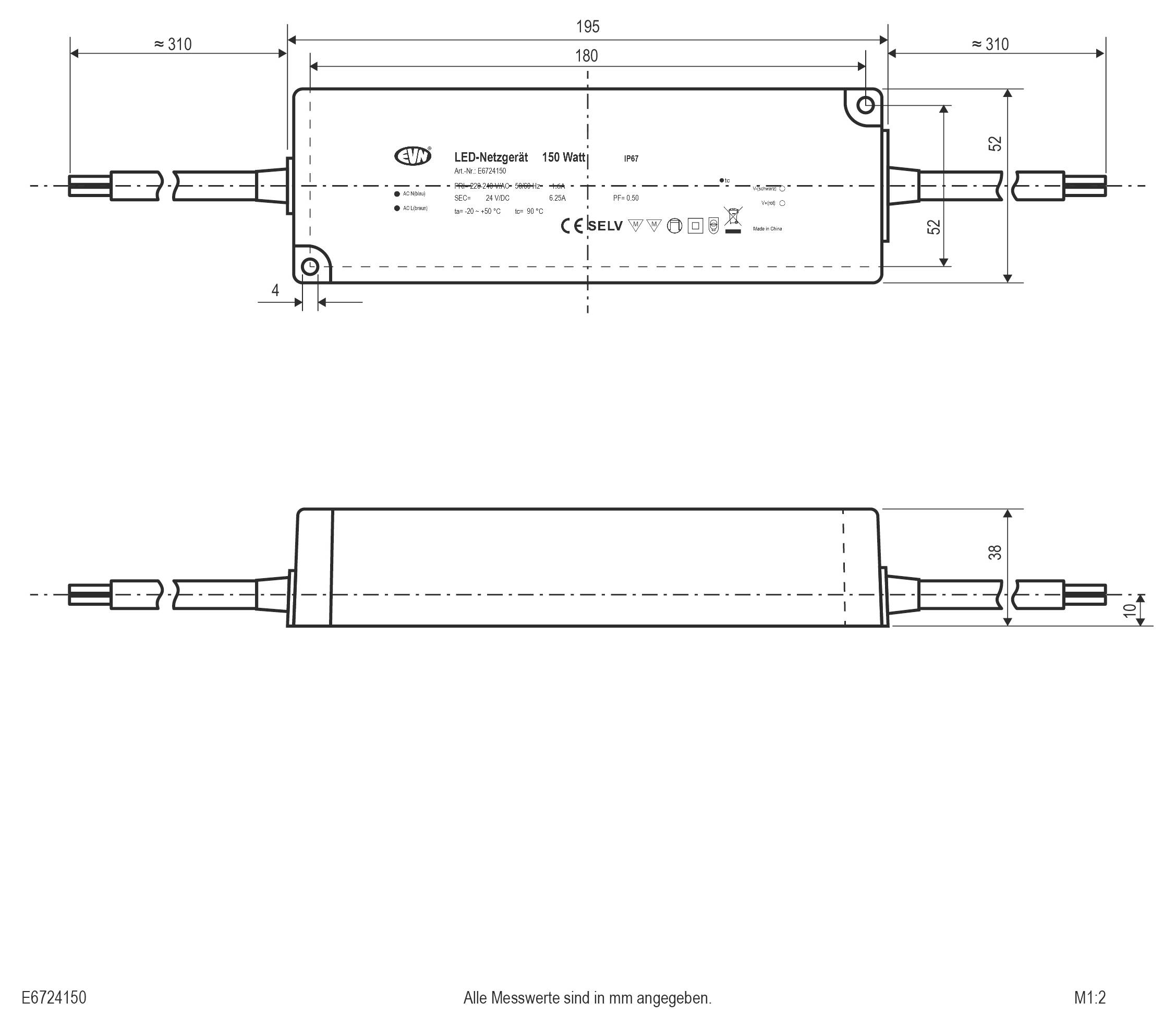 Technische tekening van een LED-driver met bovenaanzicht en zijaanzicht met kabeluiteinden en afmetingen, gelabeld 'LED-Voeding 150 Watt'.