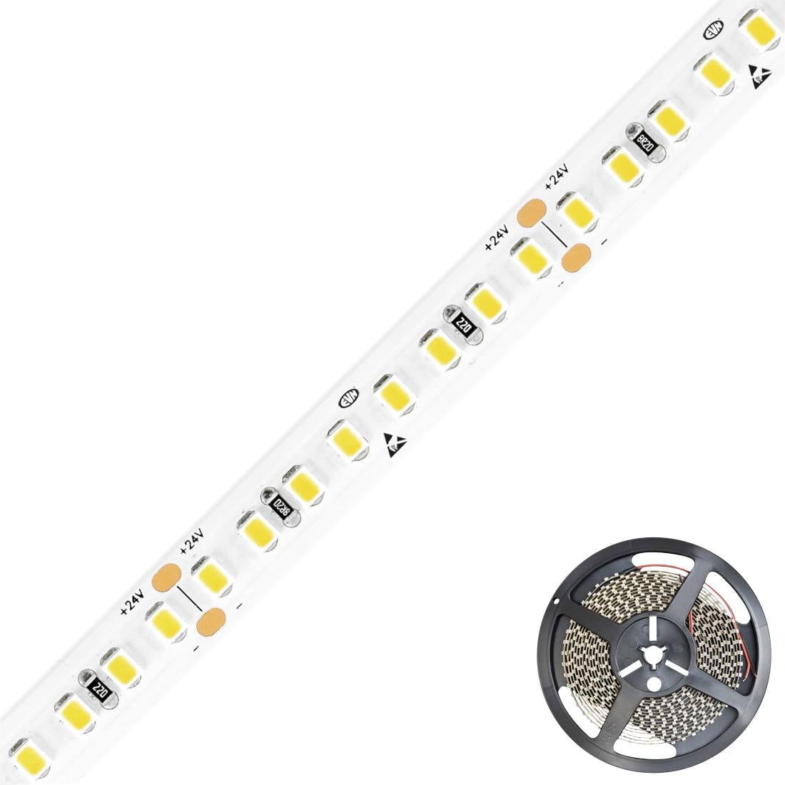 Een rol LED-lichtstrip, los aan één uiteinde, toont kleine, gelijkmatig verspreide LED's langs de strip.