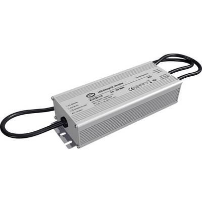 Zilveren metalen LED-voedingseenheid/driver met bevestigde zwarte kabels en montagebeugel, afgebeeld op een witte achtergrond.