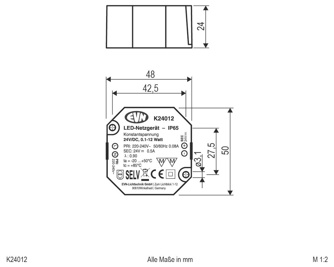Dimensioneringsteknische tekening van een EVN K24012 LED-voeding, met voor- en zijaanzichten met afmetingen in millimeters en labels zoals 'LED-Netzgerät - IP65' en 'Konstantspannung'.