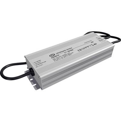 Zilverkleurige metalen LED-driver voedingskast met aangebrachte zwarte kabels en montagebeugel, afgebeeld op een witte achtergrond.