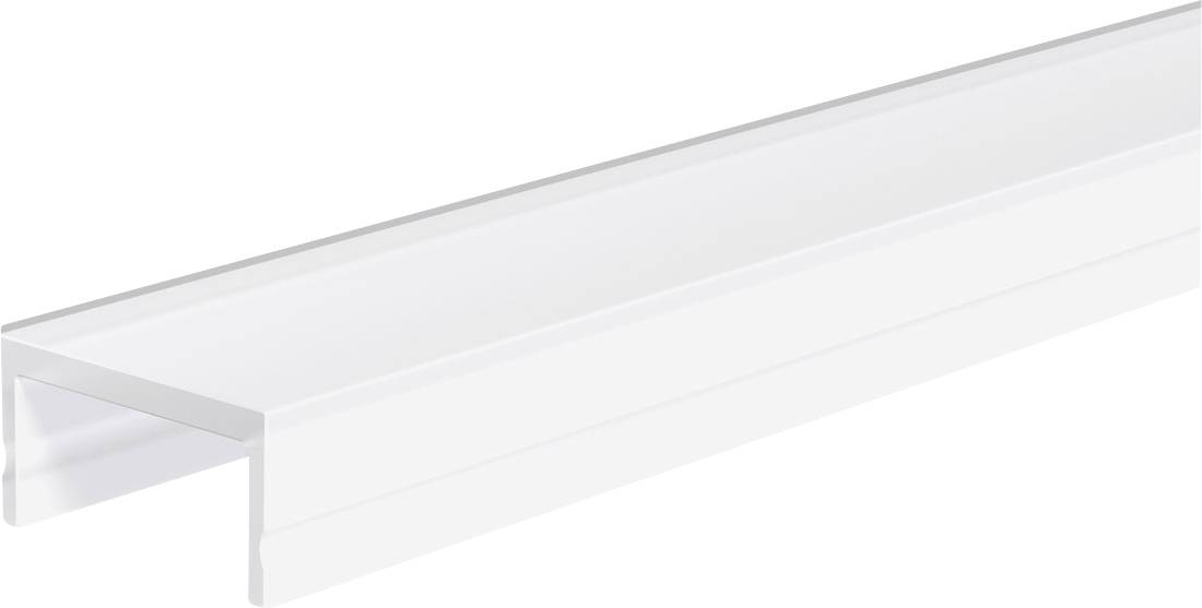 Transparant plastic lichtverstrooiingskanaal met een U-vormig profiel, weergegeven in perspectief op een witte achtergrond.