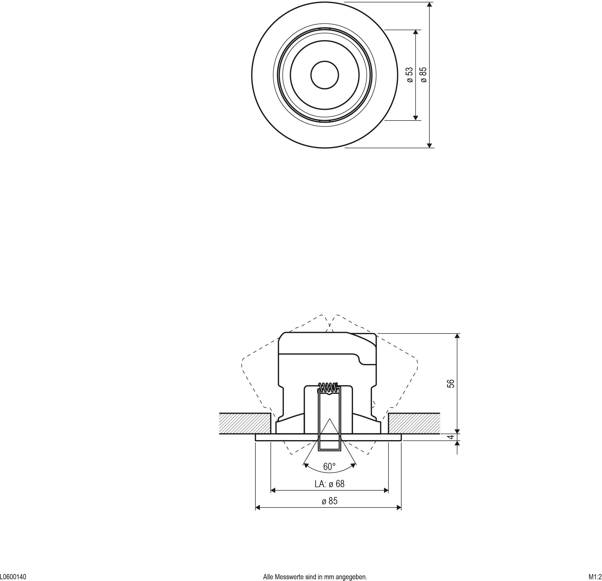 Technische tekening toont twee aanzichten van een cilindrische bus: bovenaanzicht en doorsnede met alle relevante afmetingen in millimeters.