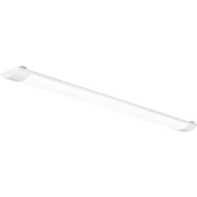 Een lange witte lineaire LED-verlichtingsarmatuur gemonteerd op een plafond of muur, weergegeven onder een hoek.