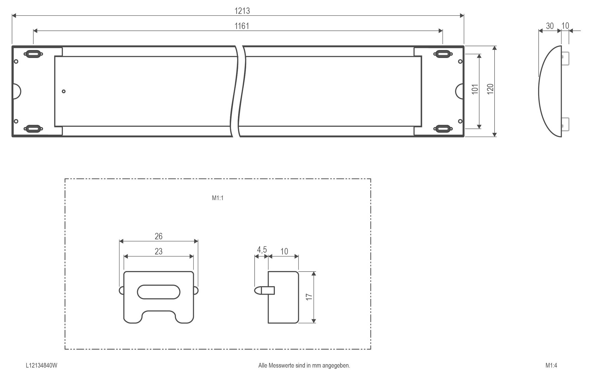 Technische tekening van een cirkelvormig aan de muur bevestigd elektrisch apparaat, met voor- en zijkanten weergegeven met installatieafmetingen in millimeters.