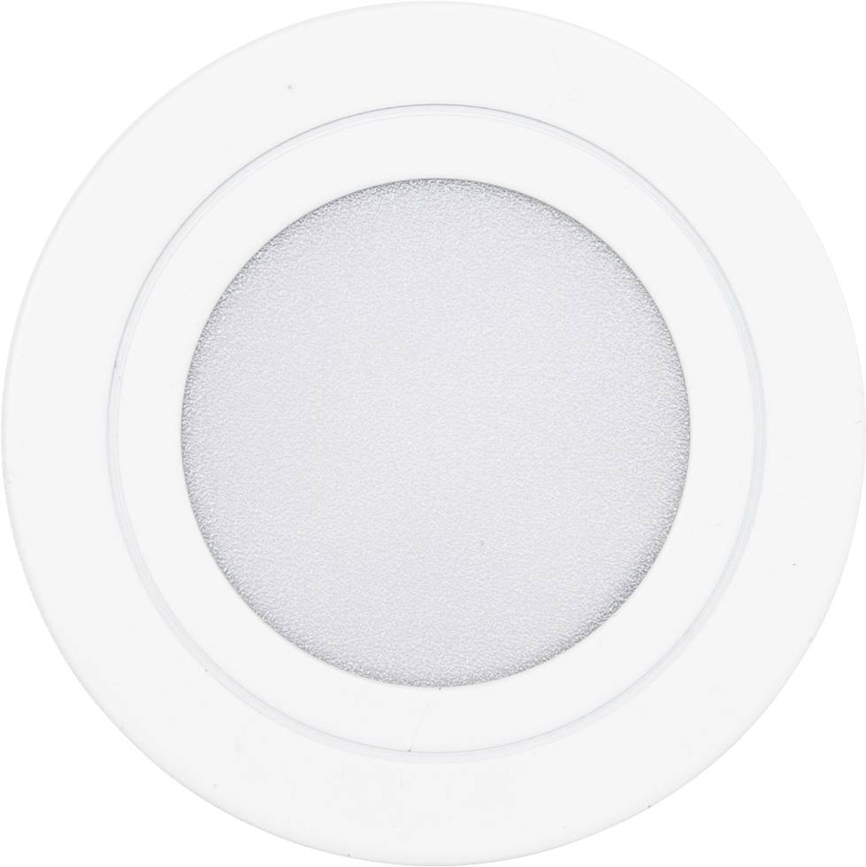 Ronde witte LED-spot met diffuse afdekking, ingebouwd in een wit behuizing, gezien van bovenaf. Ideaal voor plafondmontage.