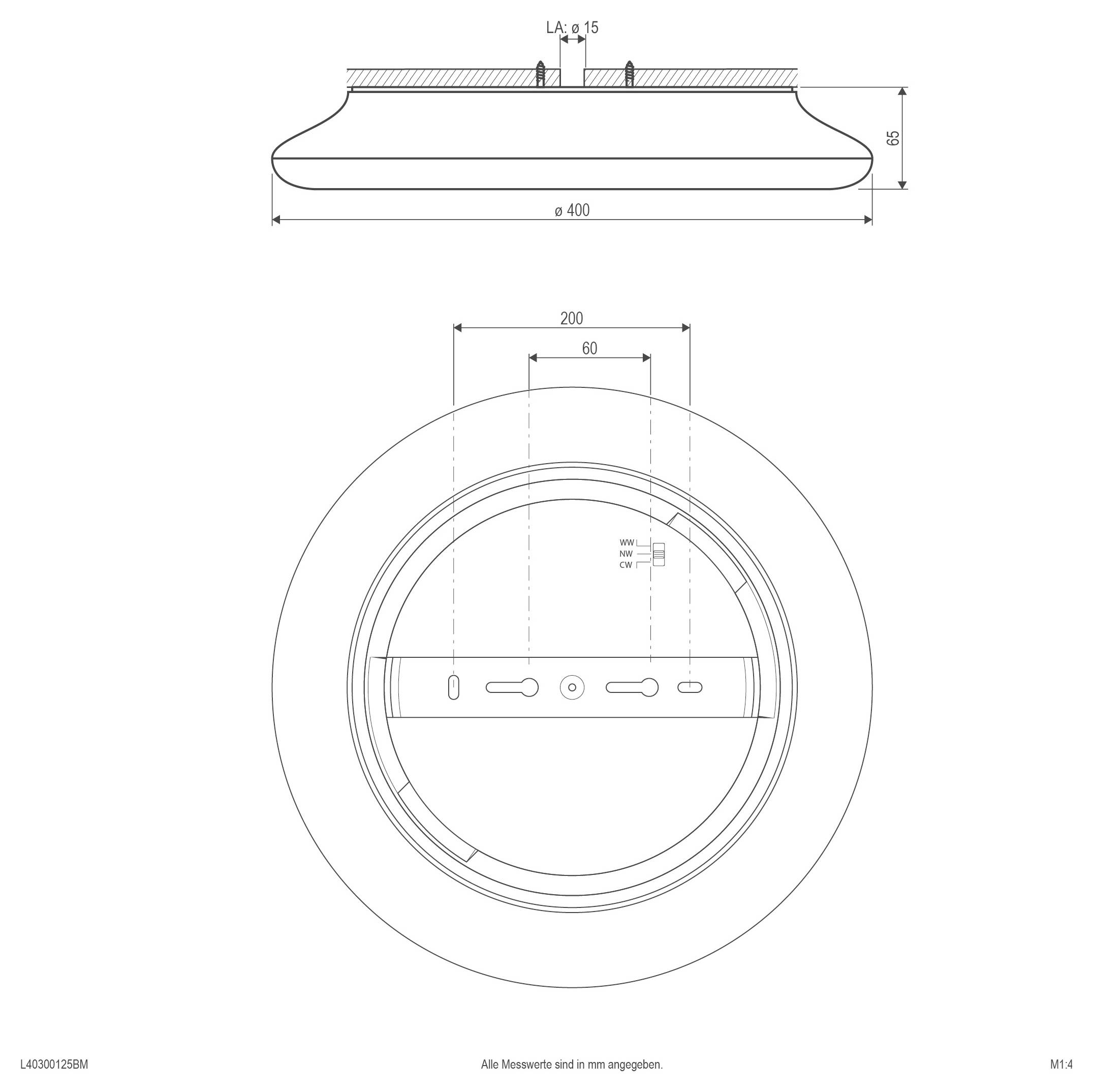 Technische tekening van een ronde plafondlamp, met zijkant- en vooraanzicht met afmetingen: 400 mm diameter, 60/200 mm montage-breedtes, en 85 mm hoogte.