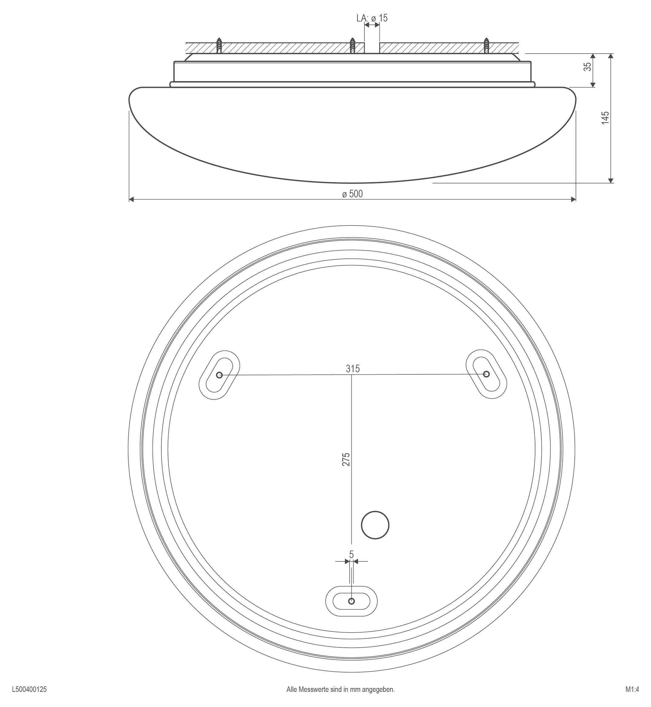 Technische tekening van een cilinedrisch onderdeel met zij- en bovenaanzicht met afmetingen, inclusief diameter van 500 mm, hoogte van 145 mm, en posities van bevestigingsgaten.