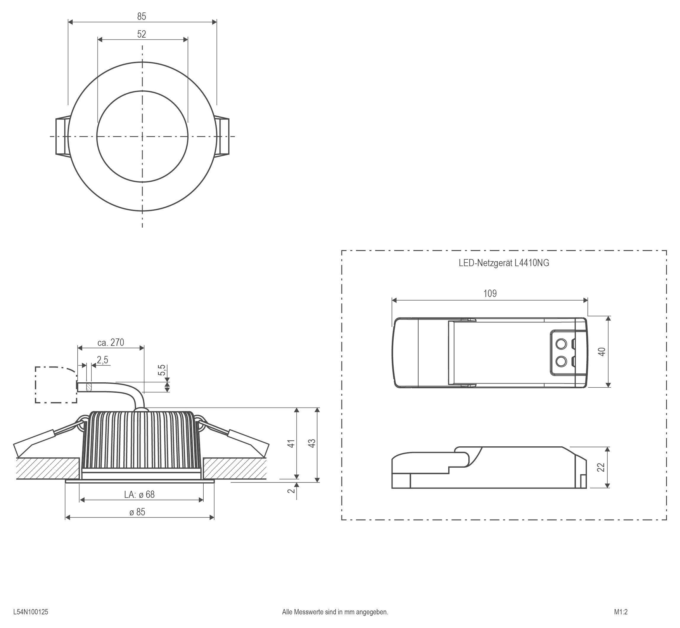 Technische tekening van een LED-spotlight met bovenaanzicht, zijanzicht en vooraanzicht met afmetingen en montageafmetingen in millimeters.