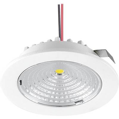 Ingebouwde ronde LED-inbouwspot met witte omlijsting, zichtbare rode en zwarte draden, en veerclips voor plafondmontage.