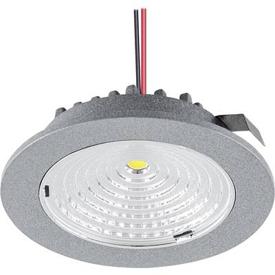 Rond ingebouwde LED-inbouwspot met zilveren rand, helder lens en rood/zwarte stroomdraden weergegeven op een witte achtergrond.