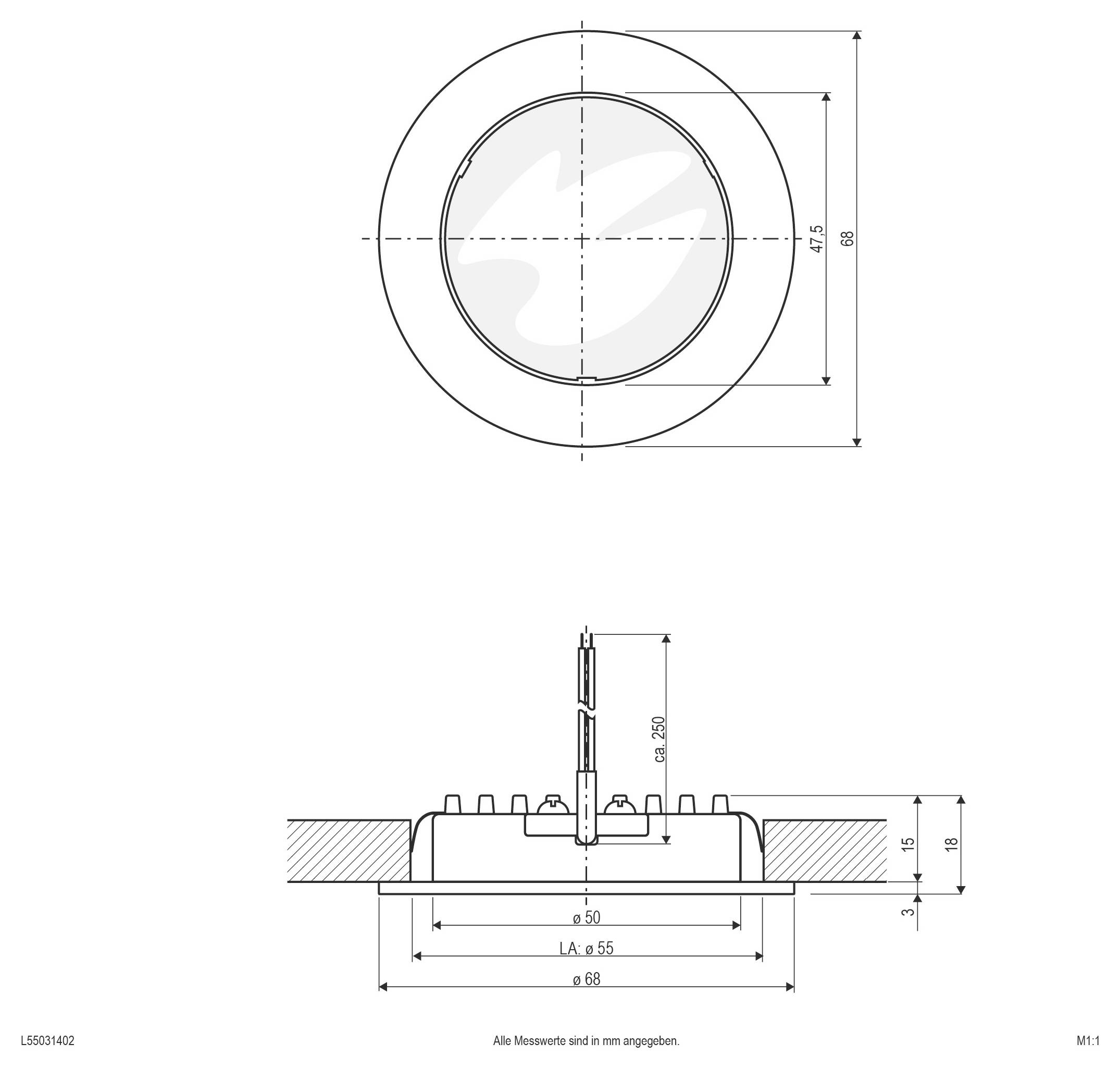 Technische tekening van een ronde fitting met voor- en zijkanten, met afmetingen in millimeters, inclusief buitendiameter 68, binnendiameter 55 en hoogte 18.