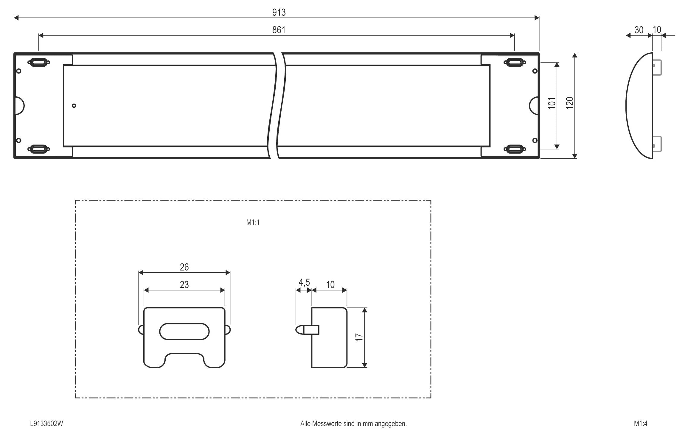 Technische dimensioneringstekening van een rechthoekige hardwarecomponent met zijplaten, met voor-, zij- en montagedetailweergaven met afmetingen in millimeters.