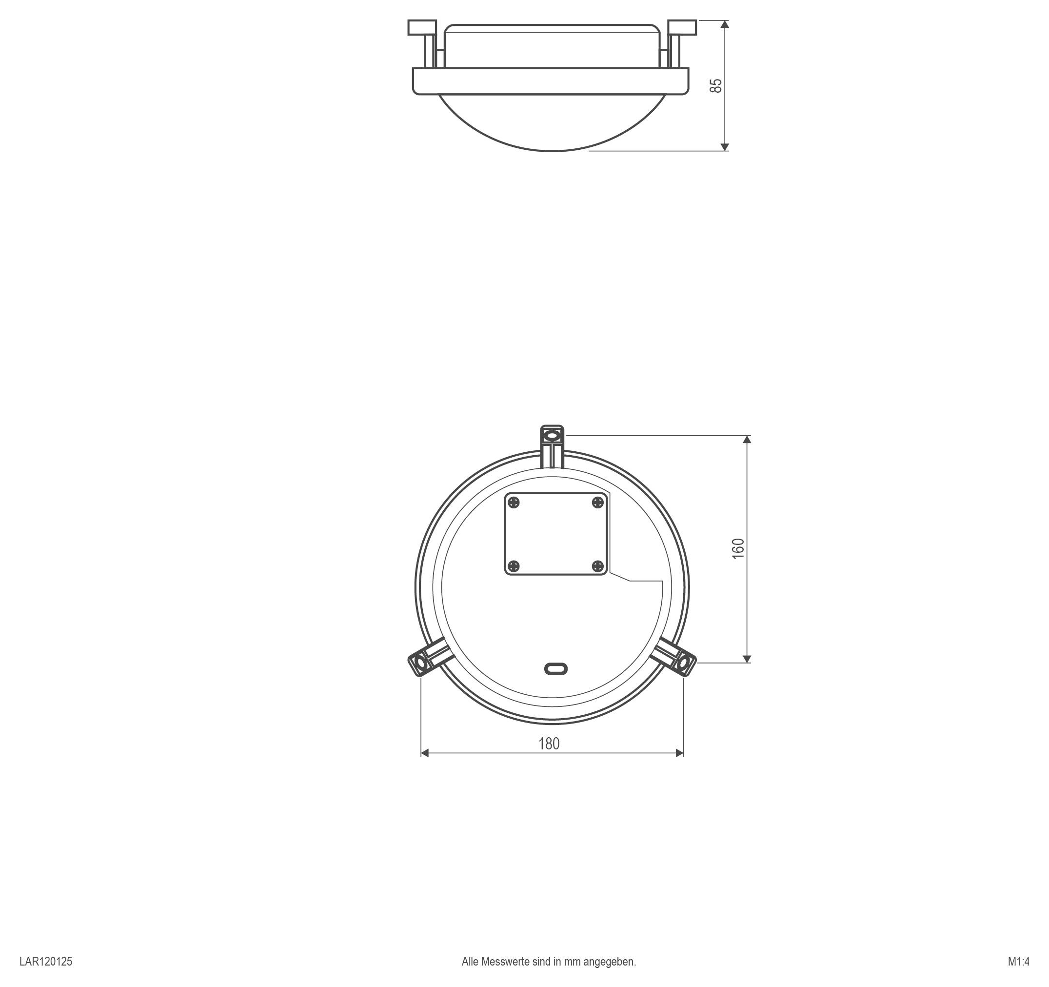 Technische tekening van een rond plafondlichtarmatuur met voor- en zijaanzicht, met afmetingen van 180 mm breed en 160 mm hoog.